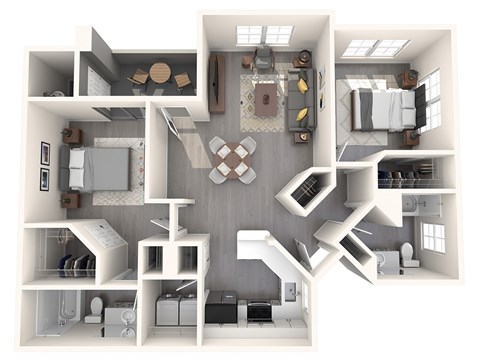 A 3D floor plan of a house with a kitchen, living room, and bedrooms.